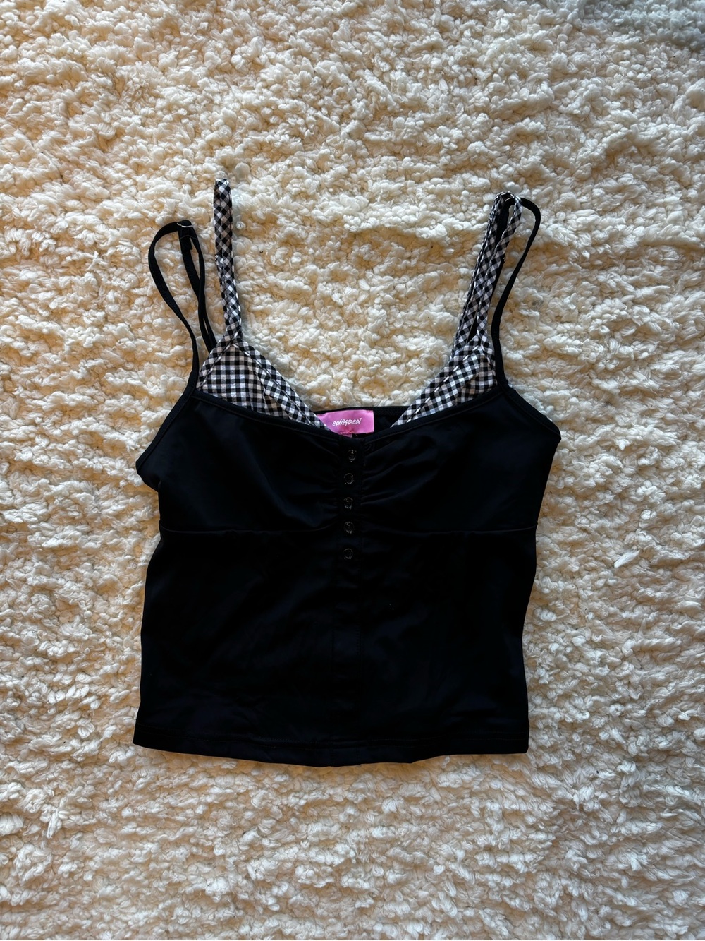 Edikted Black Tank Top with Gingham Trim
